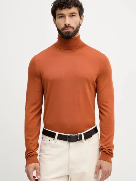 BOSS sweter wełniany lekki z golferm pomarańczowy