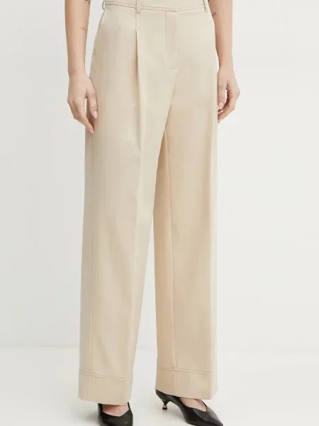 BOSS Orange pantaloni din amestec de in femei drept high waist bej