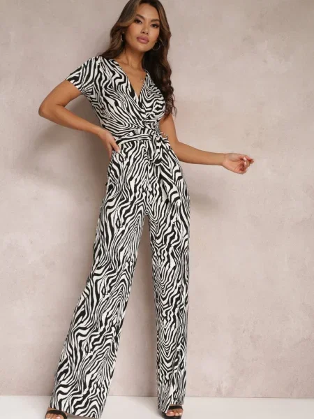 Alb-Negru Salopetă Lungă cu Legare și Imprimeu Animal Marlifia alb