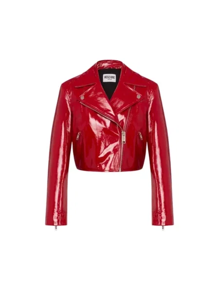 Lakierowana kurtka skórzana Moschino o krotszym kroju czerwona