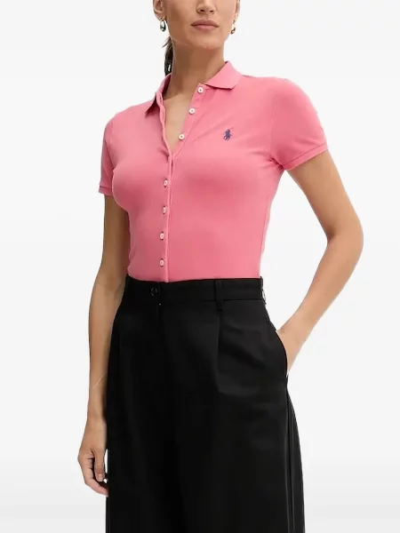 Tricou Polo Ralph Lauren cu decolteu rotund de mătase cu dungi alb