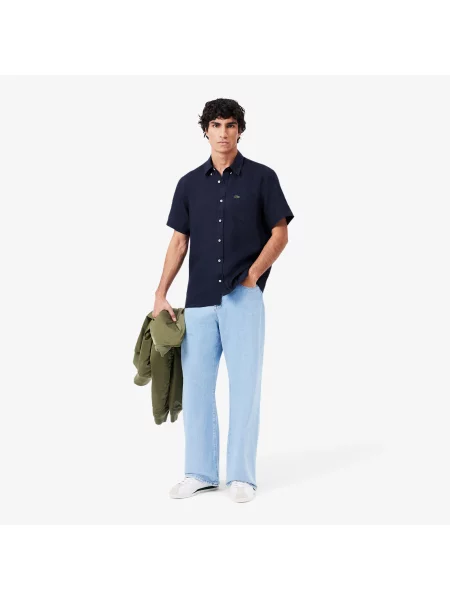 Lacoste Koszula Lniana Z Krótkim Rękawem Lacoste granatowa
