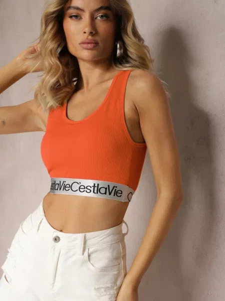 Top Sportowy Biustonosz Elastyczny Prążkowany z Ozdobną Gumą Waslema pomarańczowy