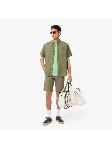 Lacoste Lniana Koszula Button-Down Z Krótkim Rękawem Regular Fit Khaki zielony