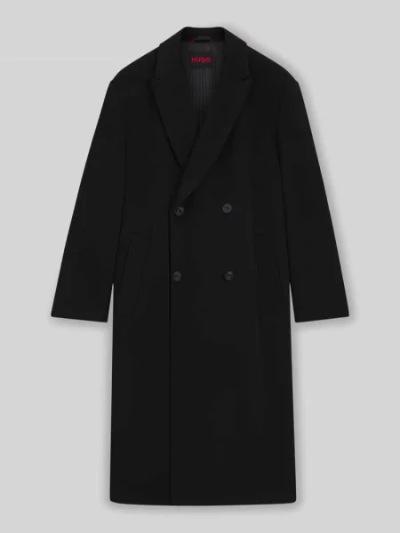 Płaszcz wełniany o kroju regular fit z dwurzędową listwą guzikową model Hugo czarny