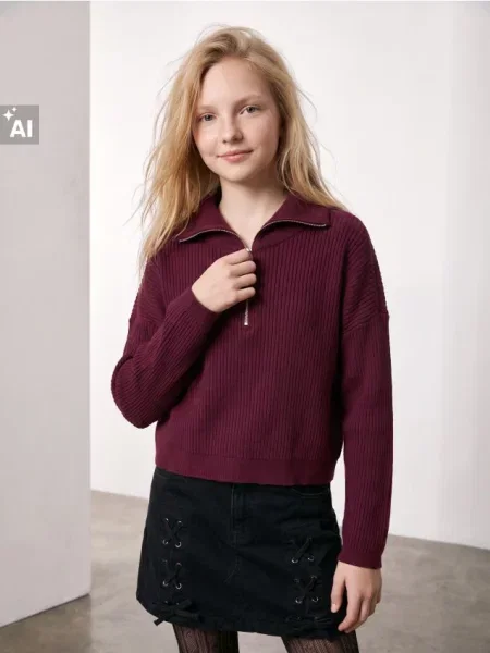 Sinsay Žebrovaný svetr half-zip s viskózou kaštanová