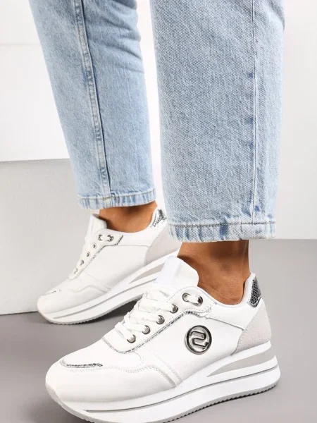 Sneakers Albi-Argintii cu Petic Rotund și Platformă Viliera alb