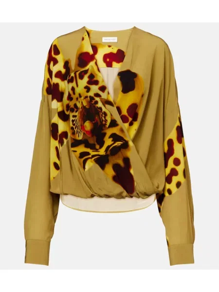 Bluză Dries Van Noten din satin cu imagine drapată verde