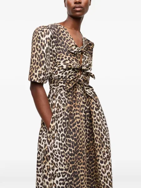 Rochie midi Ganni cu funde cu model leopard