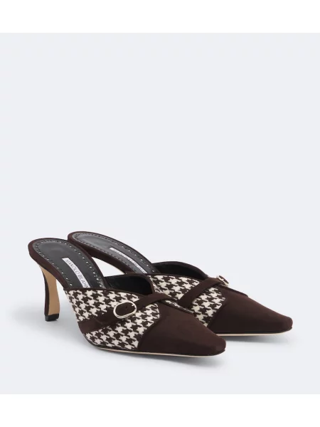 Zomšinės "houndstooth" rašto mulės Manolo Blahnik ruda