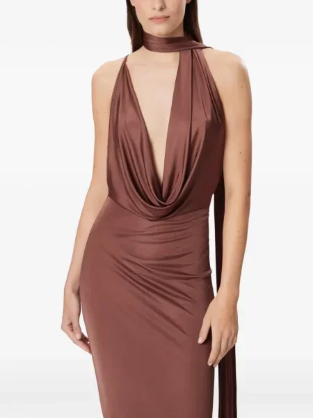 Rochie Amazuìn drapată cu gât halter maro