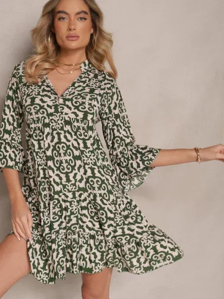 Sukienka o Rozkloszowanym Kroju w Etniczny Print Zalivine zielona