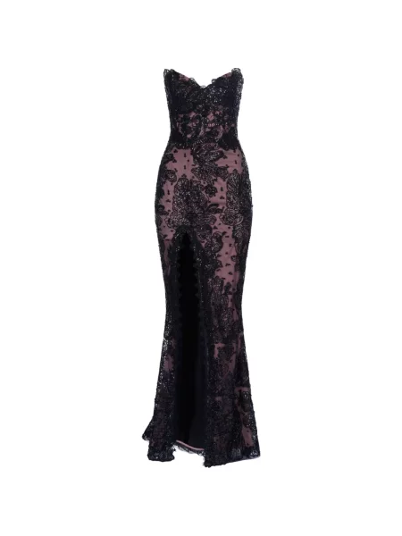 Sukienka maxi Imroska koronkowa z rozcieciem garniturowa czarna