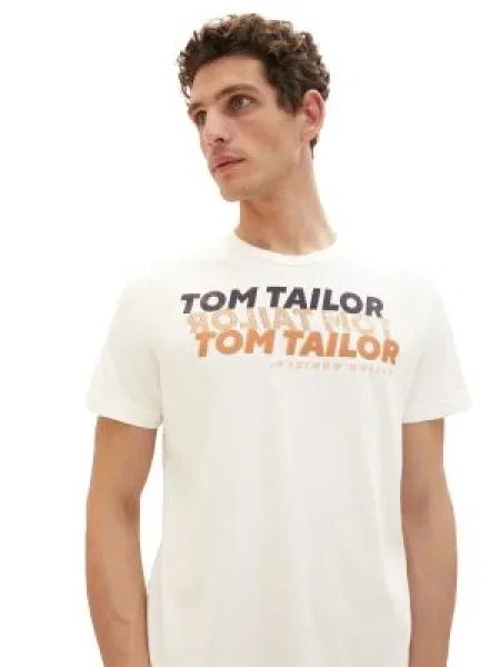 TOM TAILOR Tricou portocaliu / negru / alb murdar