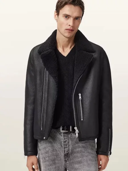 Кожено мотоциклетско яке AllSaints CORREZ преходен модел черно