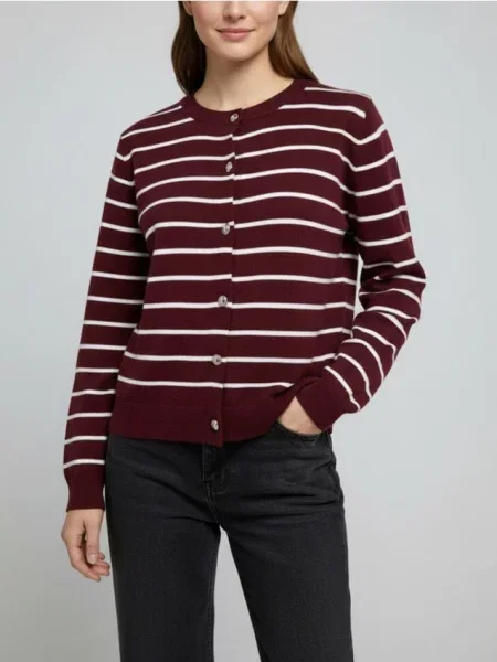 Смугастий кардиган на ґудзиках бордовий