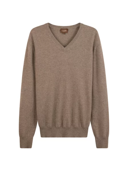 GOBI Cashmere Pulover Men's Essential Cashmere V-Neck Sweater taupe gri