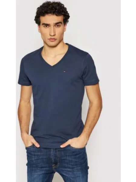 Tricou Tommy Jeans din jerseu scurt albastru