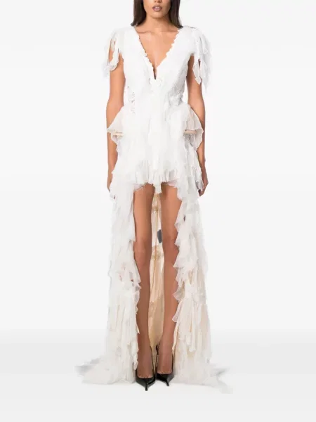 Rochie maxi Norina St cu volane din dantelă alb