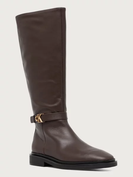 Calvin Klein cizme pentru femei din piele SQUARE HIGH BOOT LTH MG HDW maro