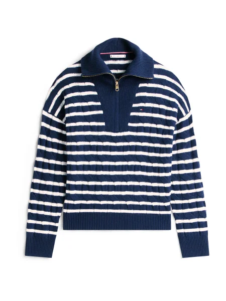 Pulover Tommy Hilfiger Soft Wool Cable Zip Ls Sweater Dark Night Navy/ Ivory Petal Stp XS albastru închis