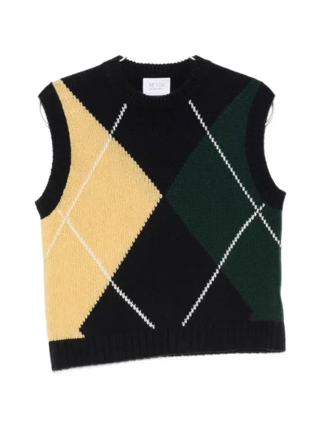 Vestă Beyou fără mâneci tricotate cu model argyle albastru