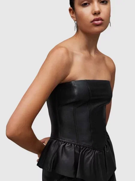 Kožené šaty AllSaints CASSIE LEA RUFFLE DR čierna