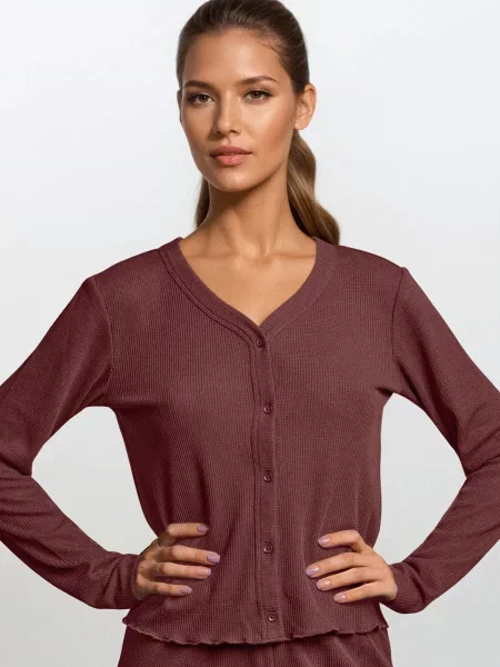 Рифлена двокомплектна піжама темно коричневий