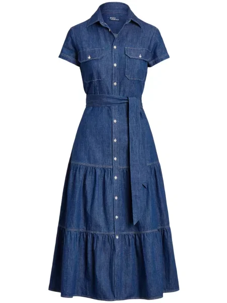 Plisirana satenska polo majica Polo Ralph Lauren s vezom plava