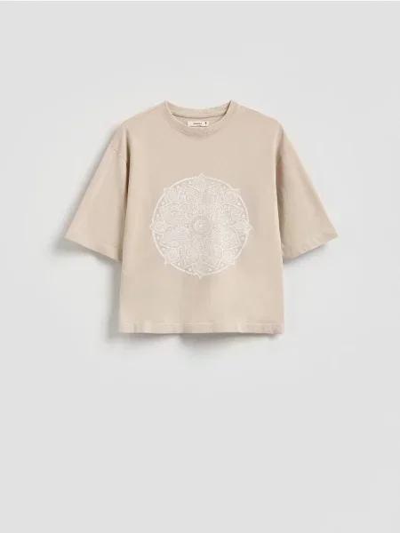 Reserved Tricou din cu imprimeu bej