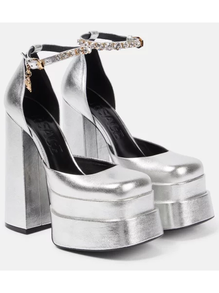 Pantofi cu toc Versace din piele cu platformă argintiu