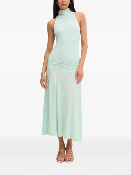 Rochie midi Bardot fără mâneci cu volane verde