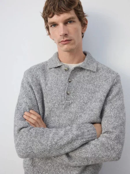 Sweter polo z dzianiny z mieszanki wełny jasnoszary Mężczyzna S MANGO MAN