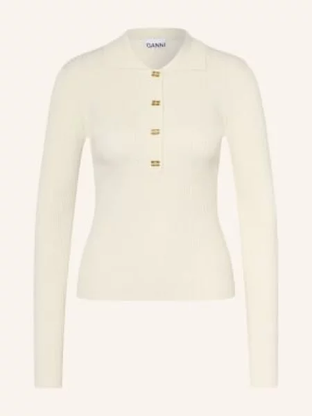 Ganni Dzianinowa Koszulka Polo Z Cekinami beige beżowe