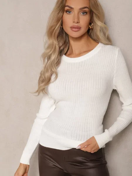 Casualowy Sweter z Prążkowanego Materiału Zintra biała