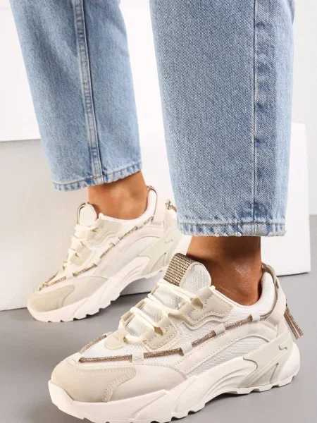 Sneakerși cu șiret decorativ cu zirconiu Saerina bej