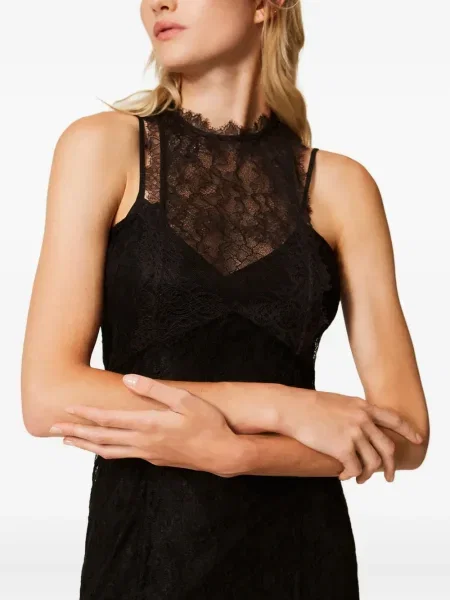 Rochie maxi Twinset din dantelă cu gât halter de costum negru
