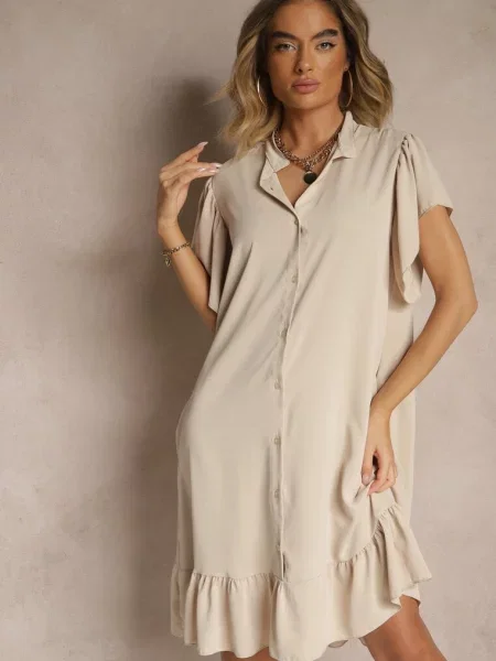 Koszulowa Sukienka Ozdobiona Falbankami i Tenelora beżowa