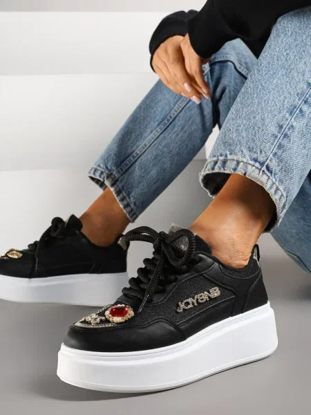 Sneakersy na Grubej Podeszwie z Cyrkoniami i Brokatem Falissa czarne