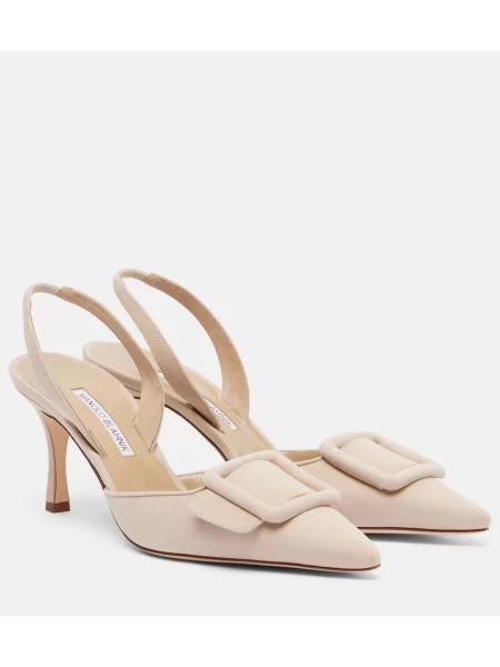 Pantofi cu toc Manolo Blahnik din piele de căprioară slingback bej