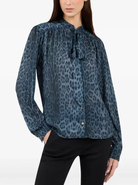 Bluză Roberto Cavalli cu funde cu model leopard albastru