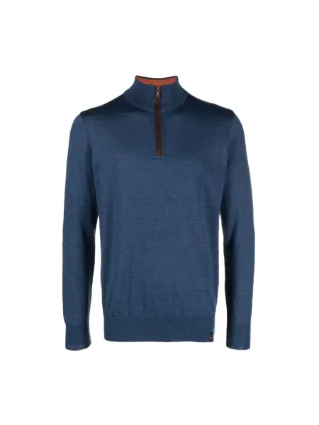 Lniany golf golf Paul & Shark z zamkiem błyskawicznym do połowy niebieski