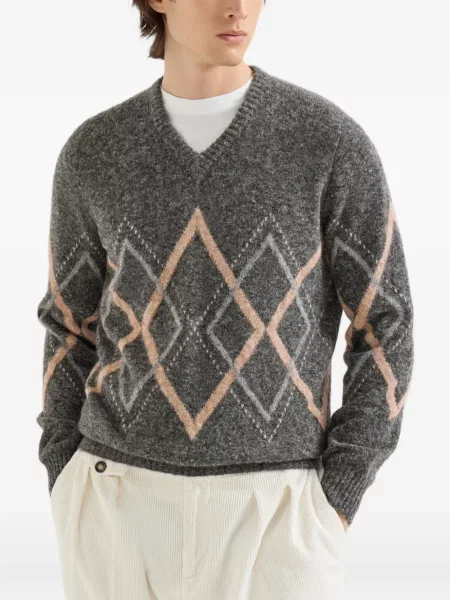 Pulover Brunello Cucinelli de lână cu model argyle gri