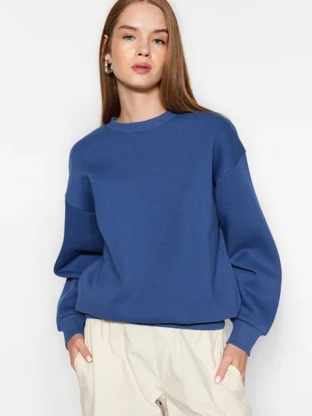 Hanorac crewneck Trendyol din fleece cu decolteu rotund albastru