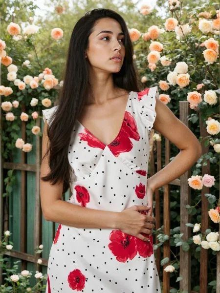 Міді сукня в горох із маковим мотивом різнобарвний