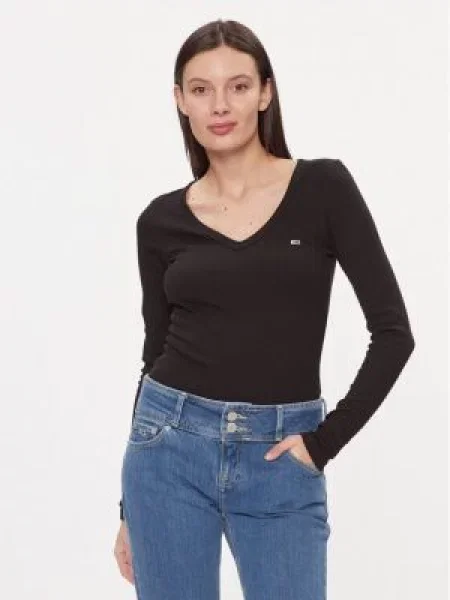 Tommy Jeans Majica Tjw Slim Essential Rib V Ls crna