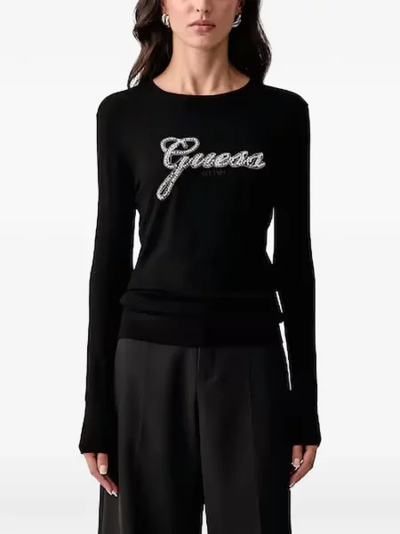 Lung pulover Guess cu autograf negru