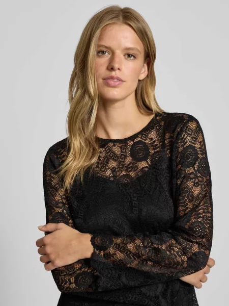 Bluzka z długim rękawem o kroju regular fit z koronki model ‘OLLINE’ Pieces czarna
