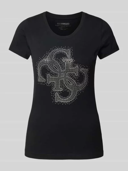 T-shirt z obszyciem kamieniami stras i ozdobnymi kamieniami Guess czarna