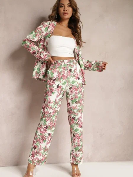 Pantaloni Roz-Albi Imprimeu Floral Talie Înaltă Picior Larg Lastaria roz